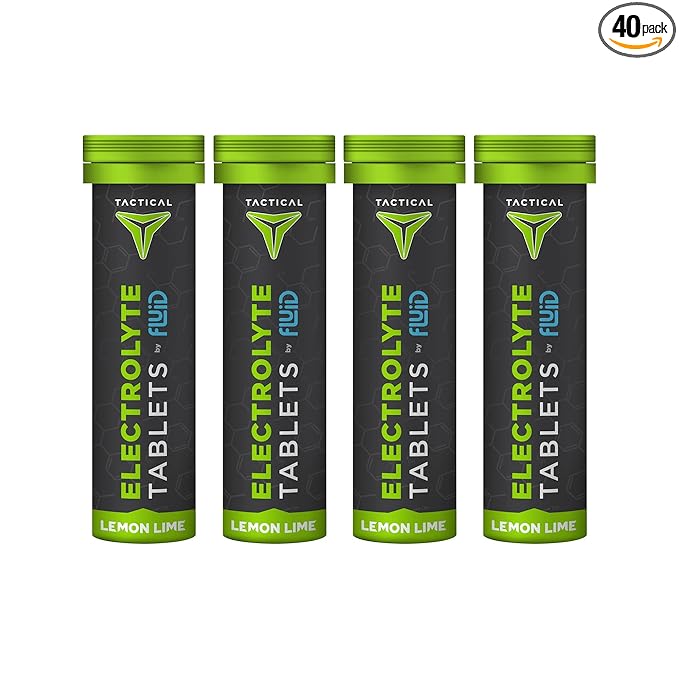 Fluid Tactical- Effervescent Hydration Tablets, Electrolyte Replacement & Dehydration Prevention, 4 Pack, 40 Servings (Lemon Lime)