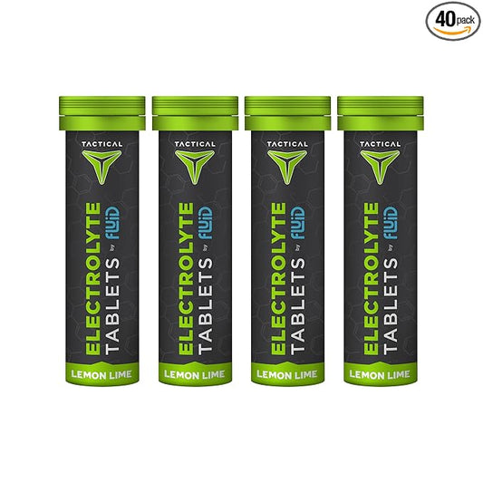 Fluid Tactical- Effervescent Hydration Tablets, Electrolyte Replacement & Dehydration Prevention, 4 Pack, 40 Servings (Lemon Lime)