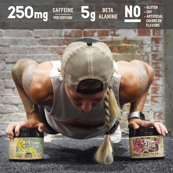 Earth Fed Muscle Stammpede Lemonade Pre Workout - Boosts Energy - Beta Alanine, 250mg Caffeine, Citrulline Malate, Taurine, Tyrosine - Soy Free, Gluten Free, Sugar Free. Keto Friendly - 26 Servings