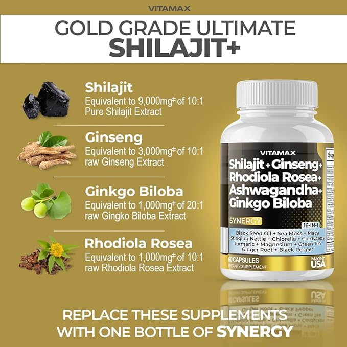 Pure Himalayan Shilajit Supplement 10,000mg Sea Moss 2,000mg Ashwagandha 6,000mg Bladderwrack 1000mg Gingko Biloba 500mg Organic Capsules & Trace Mineral for Men and Women – Made in USA