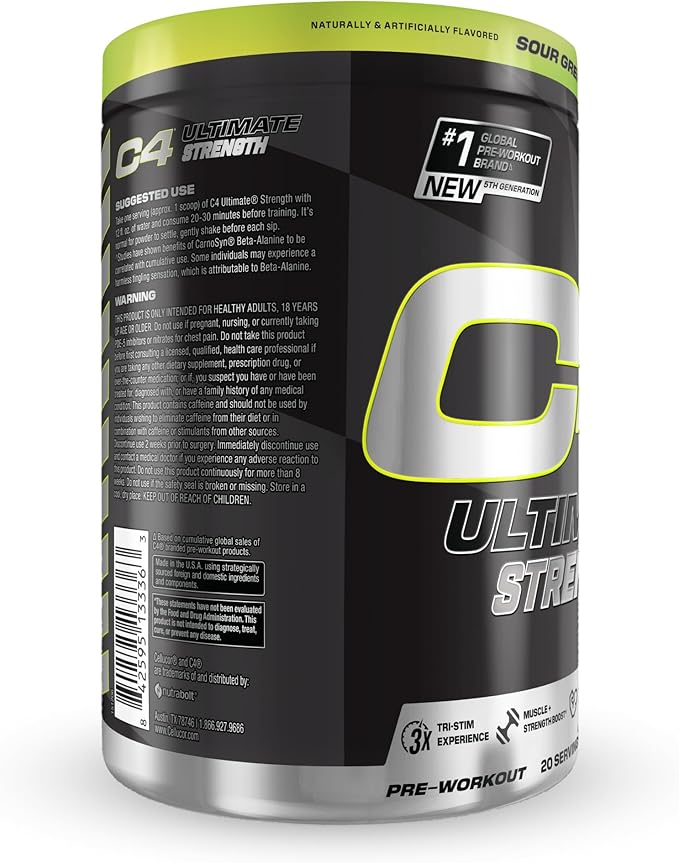 Cellucor C4 Ultimate Strength Pre Workout Powder - Tri-Stim Experience 300mg Caffeine+TeaCrine+Dynamine - Creatine & Beta-Alanine - Energy Supplement for Men & Women - Sour Green Apple, 20 Servings
