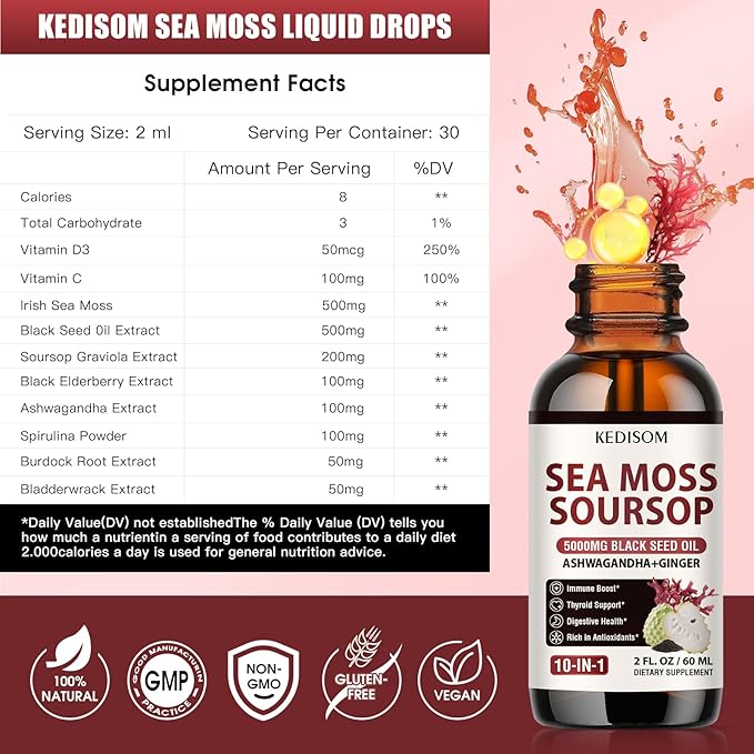 Irish Sea Moss Soursop Drops 2 Fl Oz - Sea Moss Black Seed Oil Multivitamin Liquid with Ashwagandha, Burdock Root, Bladderwrack, Soursop Seamoss Supplement for Gut, Immunity, Thyroid Support