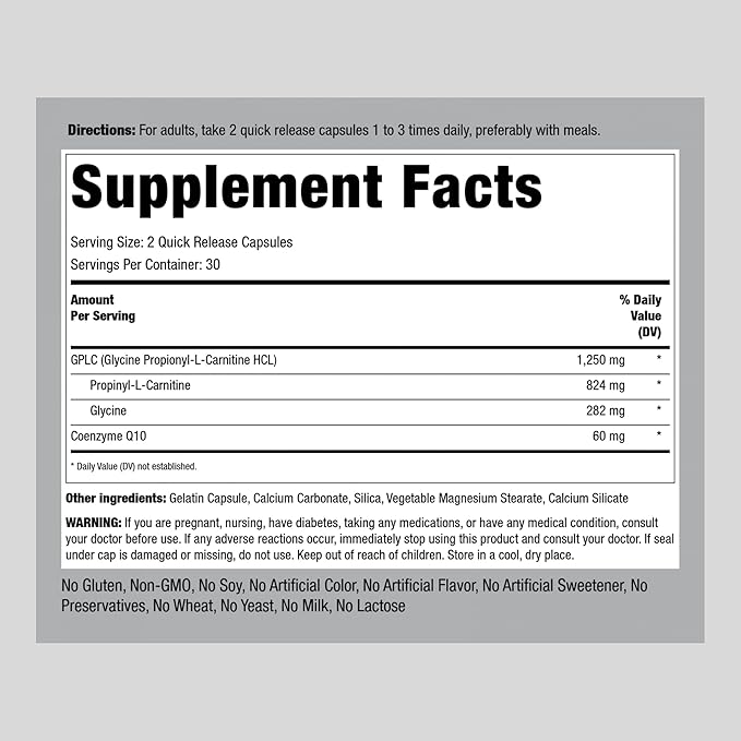 Piping Rock GPLC Glycine Propionyl-L-Carnitine | 1250mg | 60 Capsules | Plus CoQ10 | Non-GMO, Gluten Free Supplement