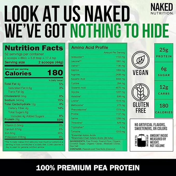 Naked Pea - Chocolate Peanut Butter Protein from US & Canadian Farms, Organic Cocoa, Organic Coconut Sugar - No GMO, No Soy, and Gluten Free, Aid Growth and Recovery - 52 Servings