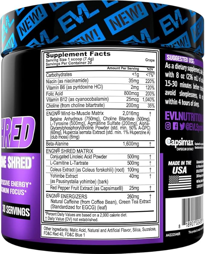 EVL Ultimate Pre Workout Powder - Thermogenic Fat Burn Support Preworkout Powder Drink for Lasting Energy Focus and Stamina - ENGN Shred Intense Creatine Free Preworkout Drink Mix - Grape