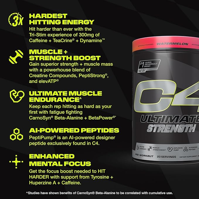 Cellucor C4 Ultimate Strength Pre Workout Powder - Tri-Stim Experience 300mg Caffeine+TeaCrine+Dynamine - Creatine & Beta-Alanine - Energy Supplement for Men & Women - Watermelon, 20 Servings
