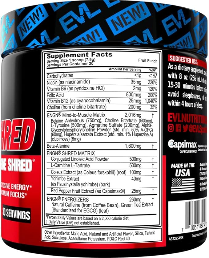 EVL Ultimate Pre Workout Powder - Thermogenic Fat Burn Support Preworkout Powder Drink for Lasting Energy Focus and Stamina - ENGN Shred Intense Creatine Free Preworkout Drink Mix - Fruit Punch