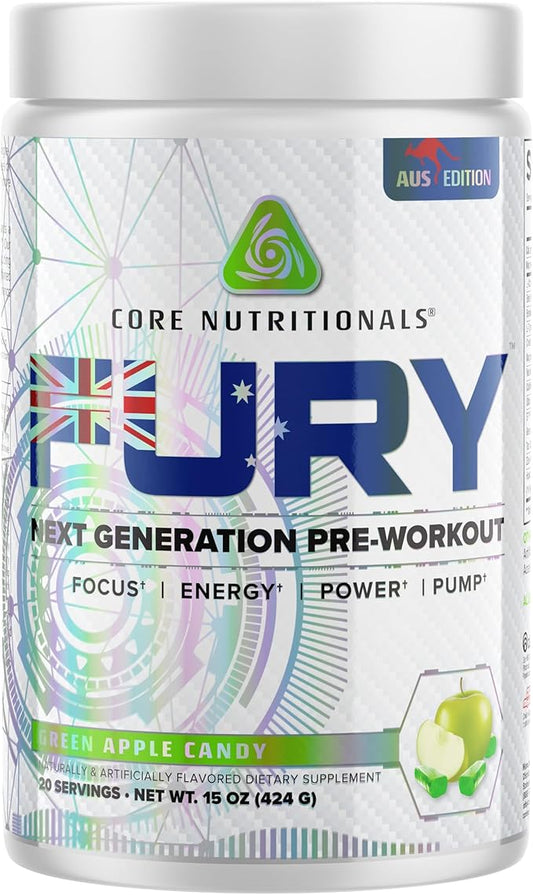 Core Nutritionals Fury Platinum Pre Workout Intensifier with 375mg Caffeine, 5G Creatine Monohydrate, 6G L-Citruline for Maximum Pump, Power, Focus and Energy, 20 Servings, (Green Apple Candy)