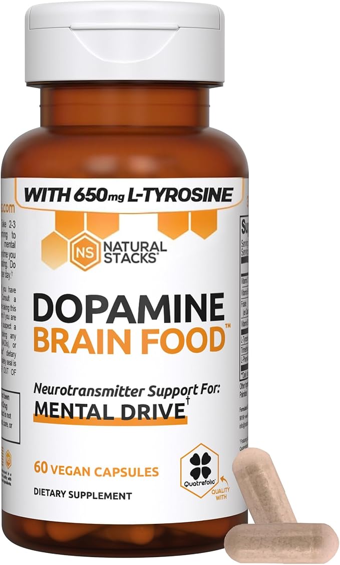 NATURAL STACKS Dopamine Focus Supplement w/L-Tyrosine - Promotes Mental Drive, Clarity & Focus - Dopamine Brain Food Supplement - Supports Mental Energy - 60 Capsules