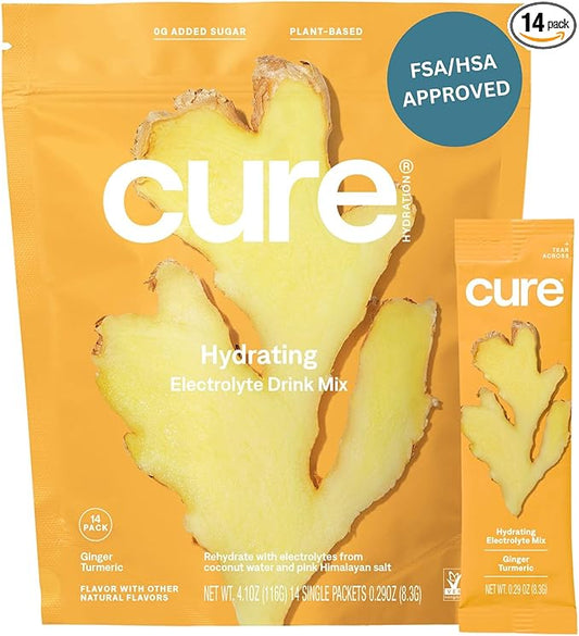 Cure Hydrating Electrolyte Mix | Powder for Dehydration Relief | Made with Coconut Water | No Added Sugar | FSA & HSA | Vegan | Paleo Friendly | Pouch of 14 Packets - Ginger Turmeric