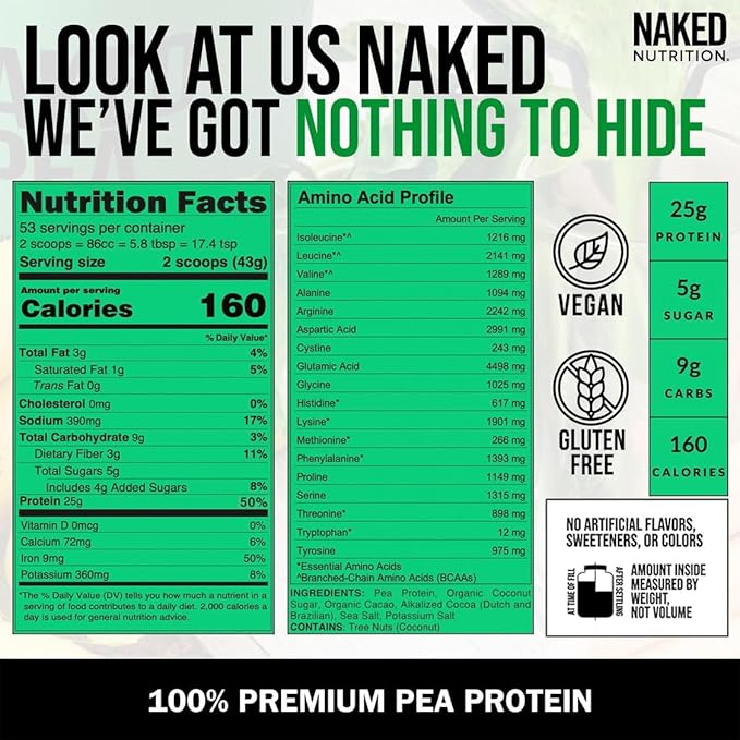 Naked Pea - Double Chocolate Protein from US & Canadian Farms, Organic Cocoa, Organic Coconut Sugar - No GMO, No Soy, and Gluten Free, Aid Growth and Recovery - 21 Servings