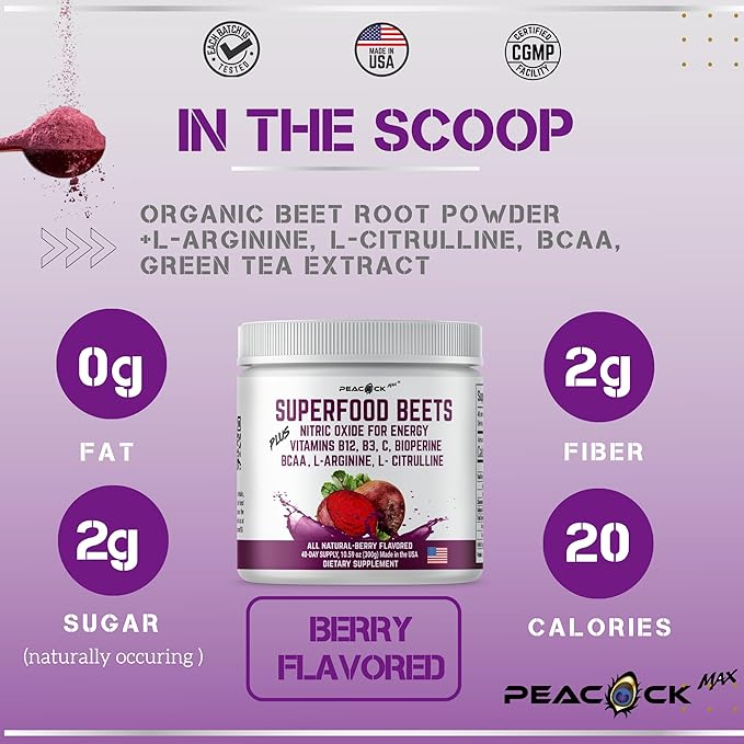 Beetroot Powder, 10.59 oz, 40 Servings - Superfood for Blood Pressure Support, Nitric Oxide Booster, Beet Root Extract, BCAA for Heart Health, Green Tea Extract, Berry Flavor