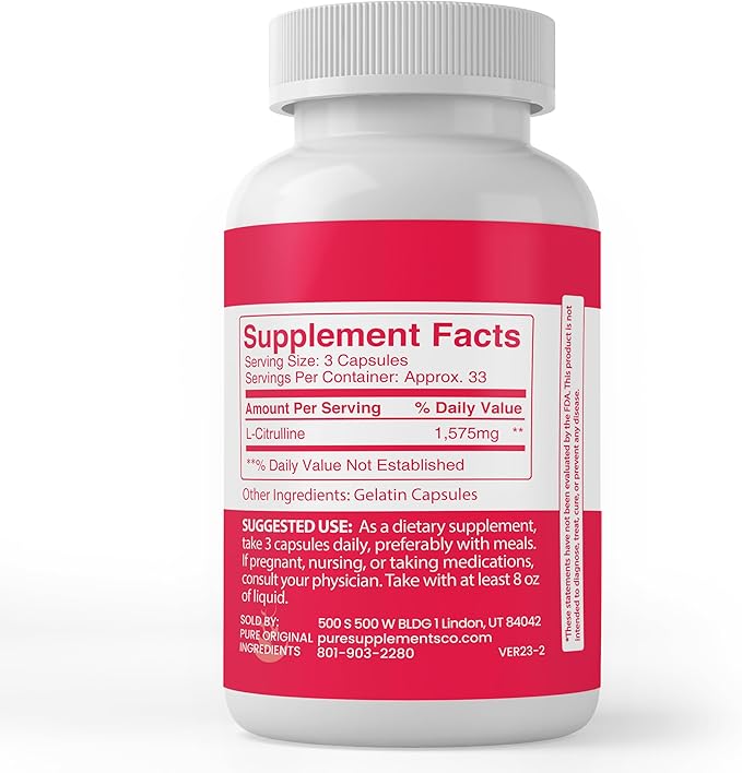 Pure Original Ingredients L-Citrulline, (100 Capsules) Always Pure, No Additives Or Fillers, Lab Verified