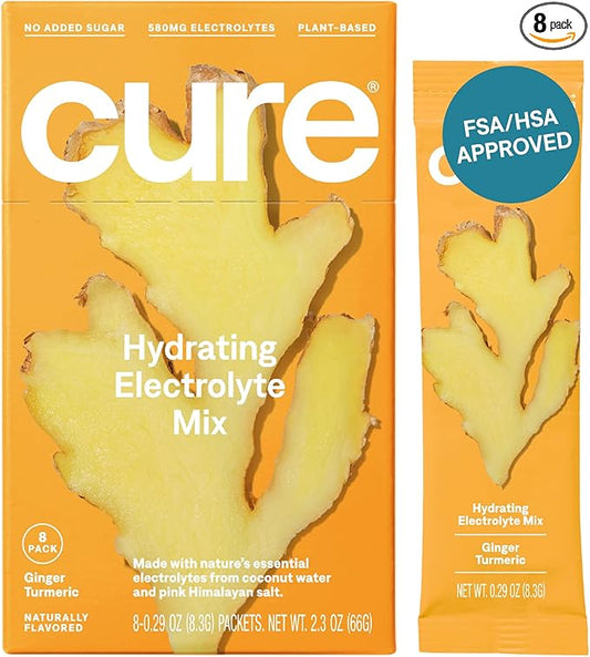 Cure Hydrating Plant Based Electrolyte Mix | Powder for Dehydration Relief | Made with Coconut Water | Non-GMO | No Added Sugar | FSA & HSA | Gluten Free | Box of 8 Packets - Ginger Turmeric