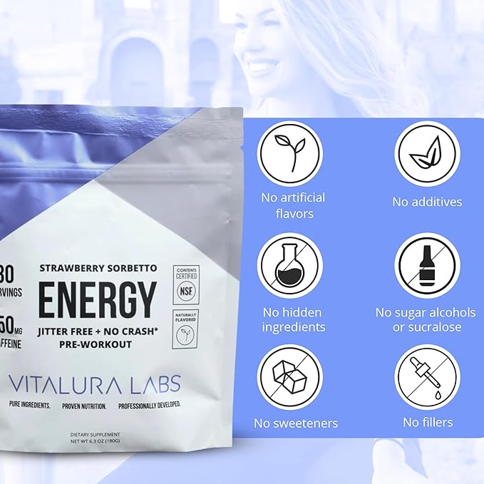 Vitalura Labs Pre-Workout Powder - Caffeine, Theacrine, Rhodiola & L-Theanine for Energy & Endurance - NSF Content Certified - Strawberry Sorbetto Flavored - 30 Servings