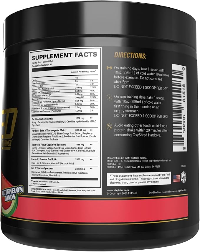EHP Labs OxyShred Hardcore Super Dosed Pre Workout Powder - Preworkout Powder with L Glutamine & Acetyl L Carnitine, Energy Boost Drink - 275mg of Caffeine - Watermelon Candy, 40 Servings