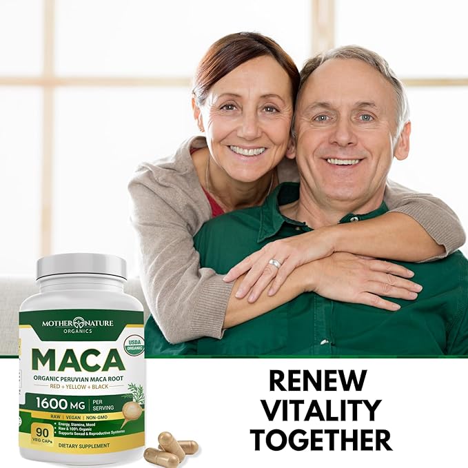 Mother Nature USDA Organic Maca Root Capsules 1600mg, Vegan, Raw Maca Supplement for Stamina, Hormonal Balance & Well-Being, Non-GMO Premium Peruvian Maca for Men & Women, Reproductive Health (90ct)