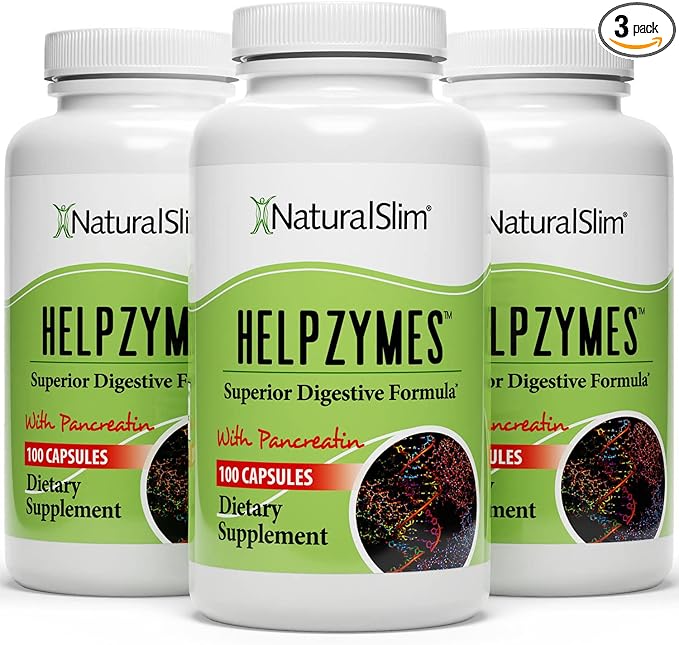 NaturalSlim Helpzymes Digestive Enzymes for Digestion, Bloating, Gas Relief & Gut Health Supplement - Digestion Supplement* with Pancreatin, Betaine HCL & Daily Essential Enzyme - 100 Caps (3 Pack)