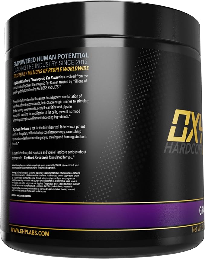 EHP Labs OxyShred Hardcore Super Dosed Pre Workout Powder - Preworkout Powder with L Glutamine & Acetyl L Carnitine, Energy Boost Drink - 275mg of Caffeine - Grape Bubblegum, 40 Servings