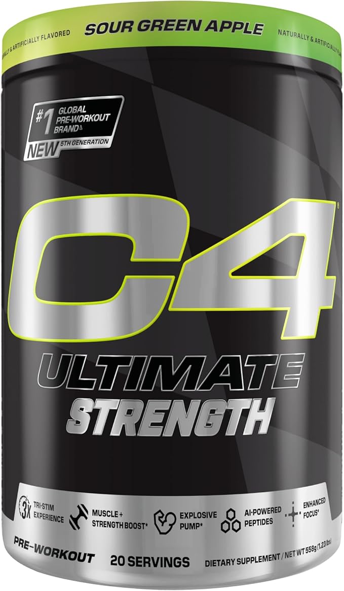 Cellucor C4 Ultimate Strength Pre Workout Powder - Tri-Stim Experience 300mg Caffeine+TeaCrine+Dynamine - Creatine & Beta-Alanine - Energy Supplement for Men & Women - Sour Green Apple, 20 Servings