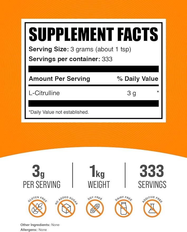 BulkSupplements.com L-Citrulline Powder - Citrulline Supplement, Citrulline Powder - L-Citrulline 3000mg, Unflavored & Gluten Free - 3g per Servings, 1kg (2.2 lbs) (Pack of 1)