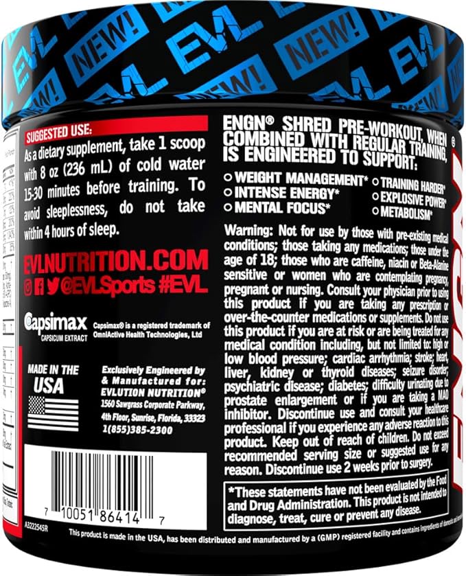 EVL Ultimate Pre Workout Powder - Thermogenic Fat Burn Support Preworkout Powder Drink for Lasting Energy Focus and Stamina - ENGN Shred Intense Creatine Free Preworkout Drink Mix - Fruit Punch
