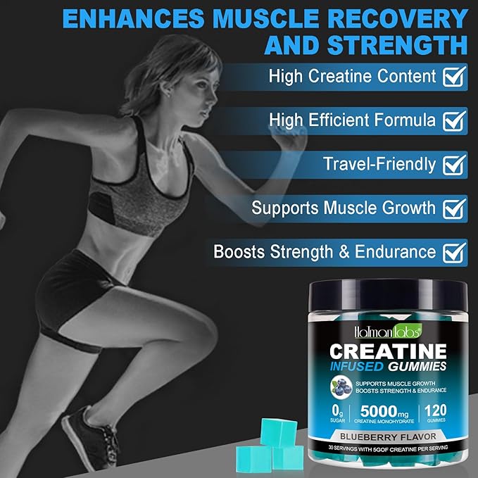 Creatine Monohydrate Gummies for Men & Women - 5g per Serving, Low Sugar Creatine Monohydrate Gummies - Increase Strength, Muscle Gain, Recovery, Endurance - Vegan, Gluten-Free,Blueberry (120 Count)