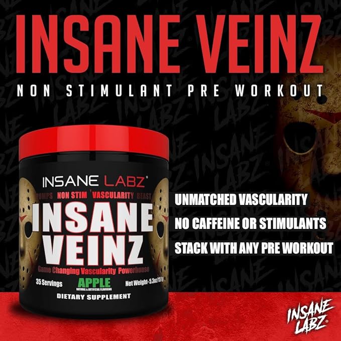 Insane Labz Insane Veinz Non Stimulant NO Enhancing Powder, Nitric Oxide Booster, Loaded with Agmatine Sulfate and Betaine Anhydrous, Increase Vascularity, 35 Srvgs, Apple
