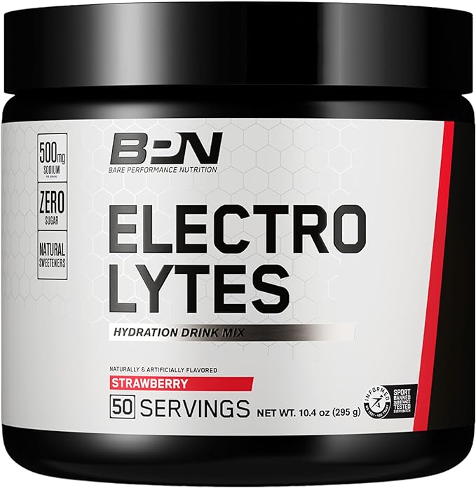 BARE PERFORMANCE NUTRITION BPN Electrolytes Hydration Drink Mix | Sugar Free Electrolyte Powder | 500mg Sodium per serving | Naturally Sweetened | Strawberry, 50 Servings
