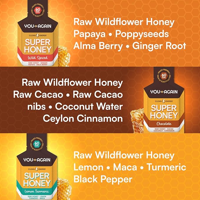You Again Super Honey Packets - Variety | Workout Clean Energy Gel | Cycling, Endurance, Running Gel or Energy Snack | Paleo & Carnivore Snack | Gluten-Free | Made in USA | 12 Count