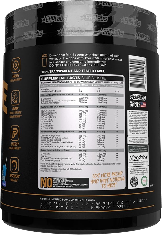 EHP Labs Pride Pre Workout Powder Energy Supplement - Sugar Free Preworkout for Men & Women, Energy Powder Boost Drink with BCAA - 280mg of Caffeine - Blue Slushie (40 Servings)