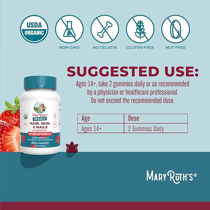 MaryRuth Organics Hair | Skin | and Nails Vitamins | Biotin Gummies with Vitamin C & Vitamin E | Hair Growth Vitamins | Skin Care | Nail Strength | USDA Organic Gummies for Ages 14+ | 60 Count