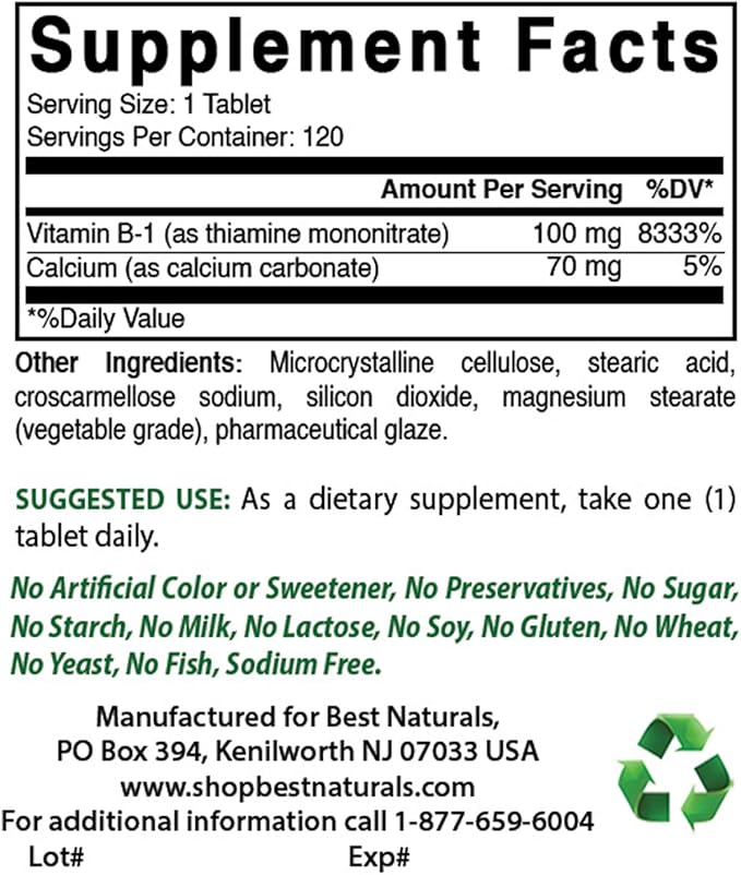 Best Naturals Vitamin B1 as Thiamine Mononitrate 100 mg 120 Tablets (120 Count (Pack of 1))