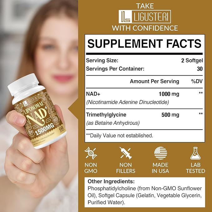 NAD Supplement 1500MG, Liposomal NAD+ Supplement with TMG, 98%+ Absorption, Pure NAD Plus, Non-GMO Aging Defense, Cellular Energy, Heart & Brain Function, Longevity, 240 Softgels
