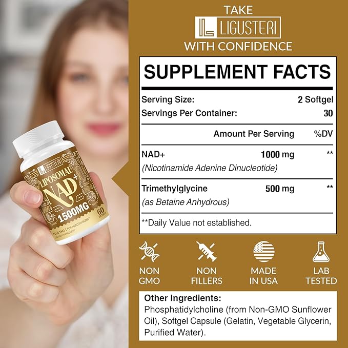 NAD Supplement 1500MG, Liposomal NAD+ Supplement with TMG, 98%+ Absorption, Pure NAD Plus, Non-GMO Aging Defense, Cellular Energy, Heart & Brain Function, Longevity, 180 Softgels