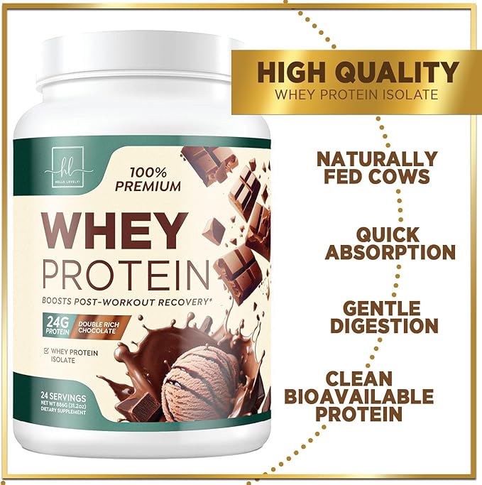 Whey Protein Powder, Rich Double Chocolate Whey Isolate with 24g Protein & BCAAs - Support Muscle Growth, Recovery & Fitness - Gluten Free, Fast Absorbing, Easy Digesting for Women & Men - 24 Servings