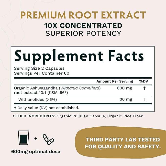 TRIBE ORGANICS Ashwagandha KSM 66 Pure Organic Root Powder Extract Ayurvedic Supplement - Focus, Mood Support, Increase Energy, Strength, 600mg of Natural KSM66 for Superior Absorption - 120 Capsules
