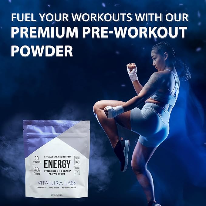 Vitalura Labs Pre-Workout Powder - Caffeine, Theacrine, Rhodiola & L-Theanine for Energy & Endurance - NSF Content Certified - Strawberry Sorbetto Flavored - 30 Servings