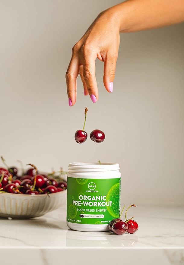 MRM Nutrition Organic Pre-Workout Powder | Black Cherry Flavored | Superfoods + 150mg Natural Caffeine + adaptogens | Clean Energy + Focus| Healthy Blood Flow | Vegan + Non-GMO | 20 Servings