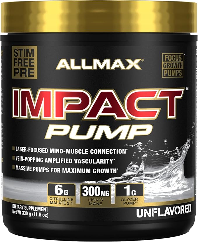 ALLMAX Impact Pump, Unflavored - 330 g - Stim-Free Pre-Workout Formula - Boosts Pumps & Mind-Muscle Connection - with Citrulline Malate & Lion’s Mane - Up to 30 Servings