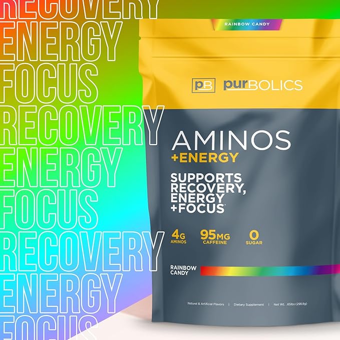 Aminos + Energy | Supports Recovery, Energy & Focus | 95mg of Caffeine, 0 Sugar & 60 Servings (Rainbow Candy)