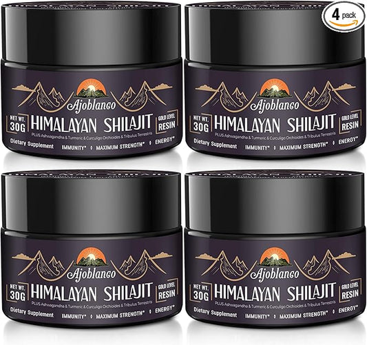 Ajoblanco 600mg Shilajit Pure Himalayan Organic Shilajit Resin - Himalayan Shilajit Resin with Organic Ayurvedic Blend in High Potency for Energy, Strength & Immunity, Pack of 4