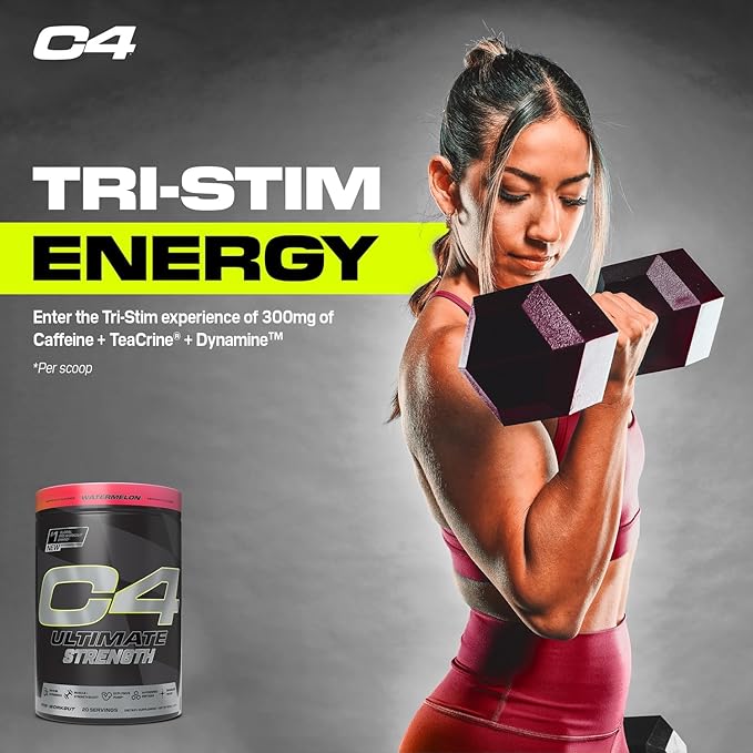 Cellucor C4 Ultimate Strength Pre Workout Powder - Tri-Stim Experience 300mg Caffeine+TeaCrine+Dynamine - Creatine & Beta-Alanine - Energy Supplement for Men & Women - Watermelon, 20 Servings