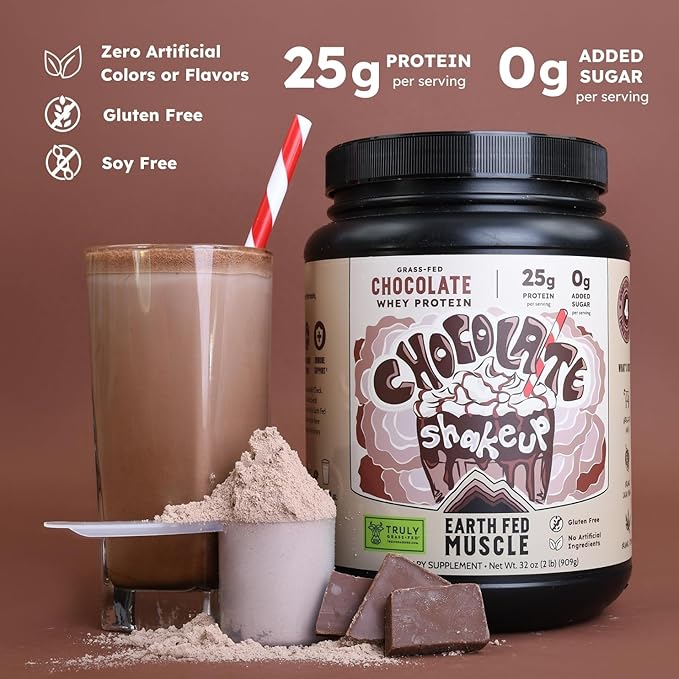 Earth Fed Muscle Ca-Cow! Chocolate Truly Grass Fed Whey 2lb - No Fillers, Flow Agents, or Synthetic Blends, Soy Free, Non GMO and Hormone Free (Chocolate)