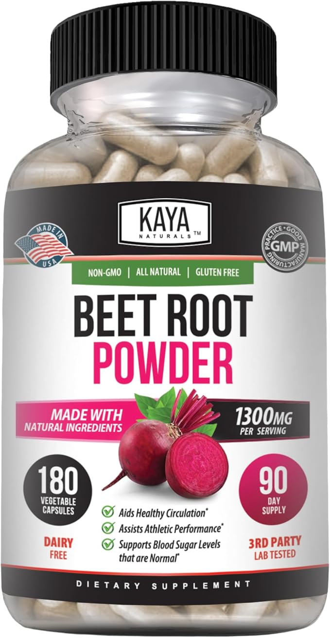 Kaya Naturals Organic Beet Root Powder 1300mg Per Serving 60 Veggie Capsules Supports Athletic Performance Aids in Healthy Circulation (60)