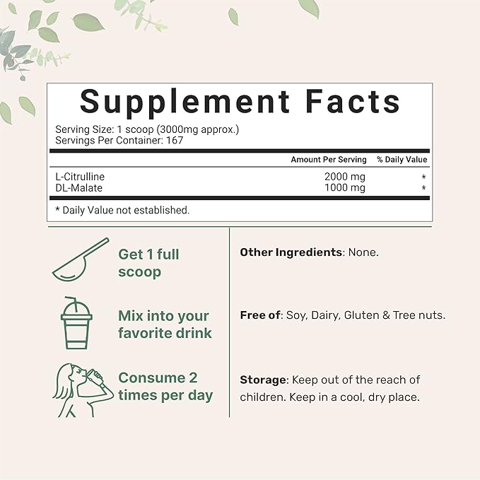 Pure L Citrulline Malate 2:1 Powder, 500 Grams, Filler Free, Vegan Citrulline Supplement and Citrulline Nitrate, Supports Muscle Performance, Endurance and Strength, Unflavored, Dissolve Easily