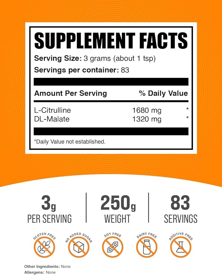 BulkSupplements.com L-Citrulline Malate 1:1 Powder - Citrulline Malate Powder, Citrulline Supplement - Unflavored & Gluten Free - 3g per Servings, 250g (8.8 oz) (Pack of 1)