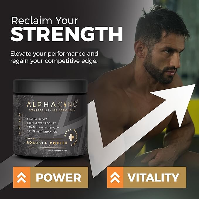 Alphacino Apex - Instant Coffee Powder for the Robust Vigorous Men - Muscle Growth, Sharp Focus, Enhanced Stamina - Ashwagandha KSM-66, Lion’s Mane Mushroom, Black Maca Extract, S7-30SV (4.68 oz)