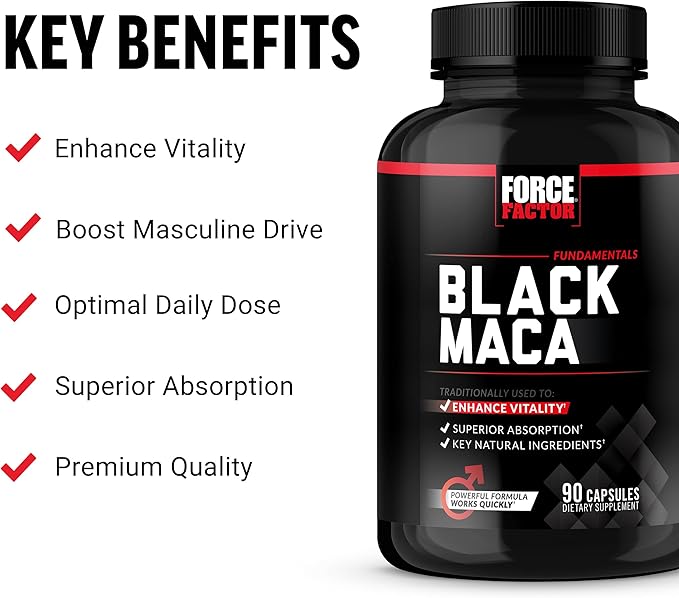 FORCE FACTOR Black Maca Root 1000mg, Vitality Supplement for Men with Black Pepper Extract for Absorption, Natural Maca Negra Extract, 90 Capsules