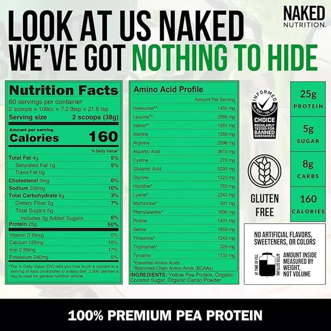 NAKED nutrition Chocolate Naked Pea Protein Isolate - 5Lb Bulk, Plant Based, Vegetarian & Vegan Protein. Easy To Digest, Non-Gmo, Gluten Free, Lactose Free, Soy Free